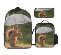 Sac à dos 3 pièces pour homme et femme - Léger - Sac à bandoulière décontracté avec sac à déjeuner isotherme et trousse à crayons - Écureuil tenant un parapluie
