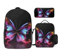Sac à dos 3 pièces pour homme et femme - Léger - Sac à bandoulière décontracté avec sac à déjeuner isotherme et trousse à crayons - Motif papillon dansant