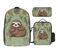 Sac à dos 3 pièces pour homme et femme - Léger - Sac à bandoulière décontracté avec sac à déjeuner isotherme et trousse à crayons - Motif paresseux sur l'herbe