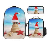Sac à dos 3 pièces pour homme et femme - Léger - Sac à bandoulière décontracté avec sac à déjeuner isotherme et trousse à crayons - Joyeux Noël - Plage