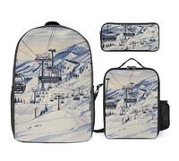 Sac à dos 3 pièces pour homme et femme - Léger - Sac à bandoulière décontracté avec sac à déjeuner isotherme et trousse à crayons - Mont-Horsney Ski Lift