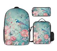 Sac à dos 3 pièces pour homme et femme - Léger - Sac à bandoulière décontracté avec sac à déjeuner isotherme et trousse à crayons - Motif floral et oiseau