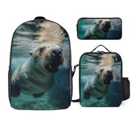 Sac à dos 3 pièces pour homme et femme - Léger - Sac à bandoulière décontracté avec sac à déjeuner isotherme et trousse à crayons - Motif lion de mer amusant