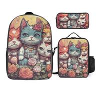 Sac à dos 3 pièces pour homme et femme - Léger - Sac à bandoulière décontracté avec sac à déjeuner isotherme et trousse à crayons - Style punk floral