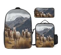 Sac à dos 3 pièces pour homme et femme - Léger - Sac à bandoulière décontracté avec sac à déjeuner isotherme et trousse à crayons - Motif lamas dans les Andes