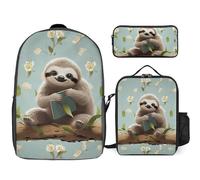 Sac à dos 3 pièces pour homme et femme - Léger - Sac à bandoulière décontracté avec sac à déjeuner isotherme et trousse à crayons - Motif paresseux mignons