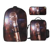 Sac à dos 3 pièces pour homme et femme - Léger - Sac à bandoulière décontracté avec sac à déjeuner isotherme et trousse à crayons - Microphone de karaoké