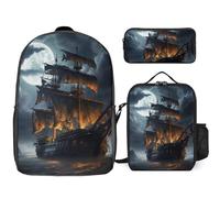 Sac à dos 3 pièces pour homme et femme - Léger - Sac à bandoulière décontracté avec sac à déjeuner isotherme et trousse à crayons - Voilier pirate pleine lune