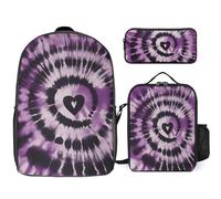 Sac à dos 3 pièces pour homme et femme - Léger - Sac à bandoulière décontracté avec sac à déjeuner isotherme et trousse à crayons - Violet tie-dye