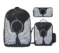 Sac à dos 3 pièces pour homme et femme - Léger - Sac à bandoulière décontracté avec sac à déjeuner isotherme et trousse à crayons - Ailes blanches avec halo, style, taille unique, Style :, Taille