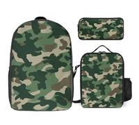 Sac à dos 3 pièces pour homme et femme - Léger - Sac à bandoulière décontracté avec sac à déjeuner isotherme et trousse à crayons - Vert camouflage
