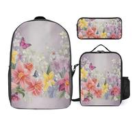 Sac à dos 3 pièces pour homme et femme - Léger - Sac à bandoulière décontracté avec sac à déjeuner isotherme et trousse à crayons - Fleurs de printemps