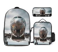 Sac à dos 3 pièces pour homme et femme - Léger - Sac à bandoulière décontracté avec sac à déjeuner isotherme et trousse à crayons - Motif avion