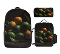 Sac à dos 3 pièces pour homme et femme - Léger - Sac à bandoulière décontracté avec sac à déjeuner isotherme et trousse à crayons - Vert et jaune oranges