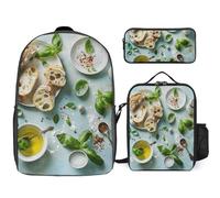 Sac à dos 3 pièces pour homme et femme - Léger - Sac à bandoulière décontracté avec sac à déjeuner isotherme et trousse à crayons - Huile d'olive et pain, Style :, Taille unique