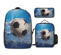 Sac à dos 3 pièces pour homme et femme - Léger - Sac à bandoulière décontracté avec sac à déjeuner isotherme et trousse à crayons - Organisateurs de ballons de football - Eau