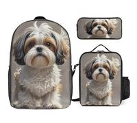 Sac à dos 3 pièces pour homme et femme - Léger - Sac à bandoulière décontracté avec sac à déjeuner isotherme et trousse à crayons - Motif chien Shih Tzu