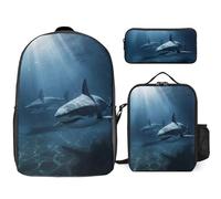 Sac à dos 3 pièces pour homme et femme - Léger - Sac à bandoulière décontracté avec sac à déjeuner isotherme et trousse à crayons - Deux requins dans le