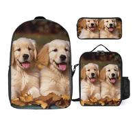 Sac à dos 3 pièces pour homme et femme - Léger - Sac à bandoulière décontracté avec sac à déjeuner isotherme et trousse à crayons - Organisateurs Golden Retriever, chiens, chiots et animaux