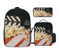 Sac à dos 3 pièces pour homme et femme - Léger - Sac à bandoulière décontracté avec sac à déjeuner isotherme et trousse à crayons - Tableau de cinéma et pop-corn