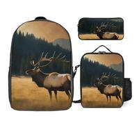 Sac à dos 3 pièces pour homme et femme - Léger - Sac à bandoulière décontracté avec sac à déjeuner isotherme et trousse à crayons - Élan dans la prairie