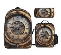 Sac à dos 3 pièces pour homme et femme - Léger - Sac à bandoulière décontracté avec sac à déjeuner isotherme et trousse à crayons - Horloge steampunk