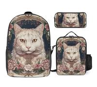 Sac à dos 3 pièces pour homme et femme - Léger - Sac à bandoulière décontracté avec sac à déjeuner isotherme et trousse à crayons - Motif fleurs et chat blanc