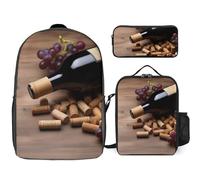 Sac à dos 3 pièces pour homme et femme - Léger - Sac à bandoulière décontracté avec sac à déjeuner isotherme et trousse à crayons - Organisateurs de bouteilles de vin en liège - Raisins - Style