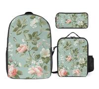 Sac à dos 3 pièces pour homme et femme - Léger - Sac à bandoulière décontracté avec sac à déjeuner isotherme et trousse à crayons - Motif floral