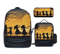 Sac à dos 3 pièces pour homme et femme - Léger - Sac à bandoulière décontracté avec sac à déjeuner isotherme et trousse à crayons - Cinq silhouettes de danse hawaïenne