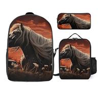 Sac à dos 3 pièces pour homme et femme - Léger - Sac à bandoulière décontracté avec sac à déjeuner isotherme et trousse à crayons - Mustang romantique - Style - Taille unique