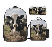 Sac à dos 3 pièces pour homme et femme - Léger - Sac à bandoulière décontracté avec sac à déjeuner isotherme et trousse à crayons - Vaches mignonnes