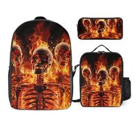 Sac à dos 3 pièces pour homme et femme - Léger - Sac à bandoulière décontracté avec sac à déjeuner isotherme et trousse à crayons - Squelettes de feu