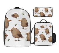 Sac à dos 3 pièces pour homme et femme - Léger - Sac à bandoulière décontracté avec sac à déjeuner isotherme et trousse à crayons - Motif oiseaux Kiwi
