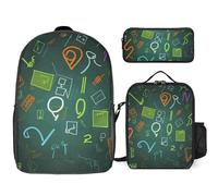 Sac à dos 3 pièces pour homme et femme - Léger - Sac à bandoulière décontracté avec sac à déjeuner isotherme et trousse à crayons - Organisateurs pour questions mathématiques