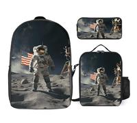 Sac à dos 3 pièces pour homme et femme - Léger - Sac à bandoulière décontracté avec sac à déjeuner isotherme et trousse à crayons - Astronaute atterrissant sur la lune