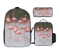 Sac à dos 3 pièces pour homme et femme - Léger - Sac à bandoulière décontracté avec sac à déjeuner isotherme et trousse à crayons - Motif flamants roses