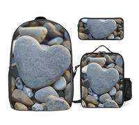 Sac à dos 3 pièces pour homme et femme - Léger - Sac à bandoulière décontracté avec sac à déjeuner isotherme et trousse à crayons - Galets en forme de cœur