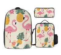 Sac à dos 3 pièces pour homme et femme - Léger - Sac à bandoulière décontracté avec sac à déjeuner isotherme et trousse à crayons - Motif flamants roses et ananas