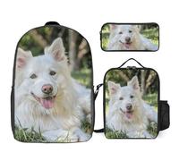 Sac à dos 3 pièces pour homme et femme - Léger - Sac à bandoulière décontracté avec sac à déjeuner isotherme et trousse à crayons - Motif animal mignon allongé sur l'herbe