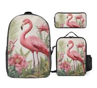 Sac à dos 3 pièces pour homme et femme - Léger - Sac à bandoulière décontracté avec sac à déjeuner isotherme et trousse à crayons - Motif flamant rose et feuilles