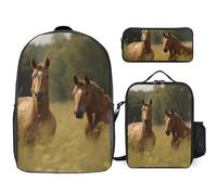 Sac à dos 3 pièces pour homme et femme - Léger - Sac à bandoulière décontracté avec sac à déjeuner isotherme et trousse à crayons - Motif cheval dans l'herbe