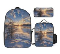 Sac à dos 3 pièces pour homme et femme - Léger - Sac à bandoulière décontracté avec sac à déjeuner isotherme et trousse à crayons - Paysage d'hiver paisible