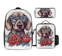 Sac à dos 3 pièces pour homme et femme - Léger - Sac à bandoulière décontracté avec sac à déjeuner isotherme et trousse à crayons - Organisateur de chien portant des lunettes - Style - Taille unique