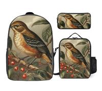 Sac à dos 3 pièces pour homme et femme - Léger - Sac à bandoulière décontracté avec sac à déjeuner isotherme et trousse à crayons - Oiseau sur branche