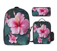 Sac à dos 3 pièces pour homme et femme - Léger - Sac à bandoulière décontracté avec sac à déjeuner isotherme et trousse à crayons - Motif floral hawaïen