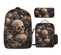 Sac à dos 3 pièces pour homme et femme - Léger - Sac à bandoulière décontracté avec sac à déjeuner isotherme et trousse à crayons - Organisateurs en forme de crâne, Style :, Taille unique