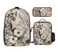 Sac à dos 3 pièces pour homme et femme, sac à dos léger et décontracté avec sac à déjeuner isotherme et trousse à crayons, fleurs vertes et blanches