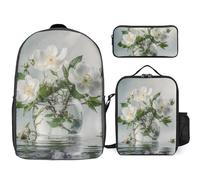 Sac à dos 3 pièces pour homme et femme, sac à dos léger et décontracté avec sac à déjeuner isotherme et trousse à crayons, fleurs blanches et feuilles vertes