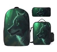 Sac à dos 3 pièces pour homme et femme, sac à dos léger et décontracté avec sac à déjeuner isotherme et trousse à crayons, motif loup vert